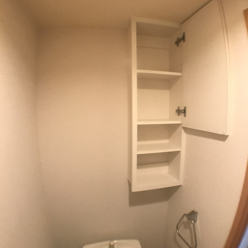 トイレ背面壁には扉付きの収納棚があります