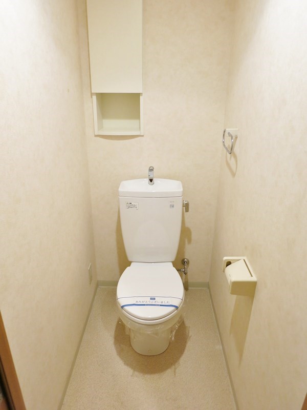 トイレは余裕のある広さでタオル掛け、収納棚が設置してあります