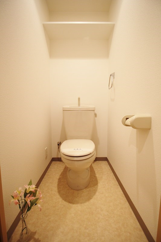 トイレには便利な上部棚板があります。