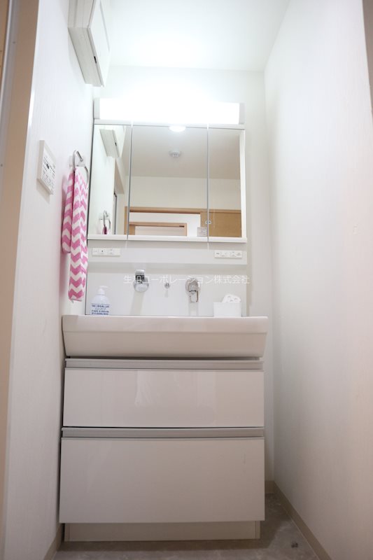 三面鏡付き独立洗面所。洗濯機置き場も横にあります。