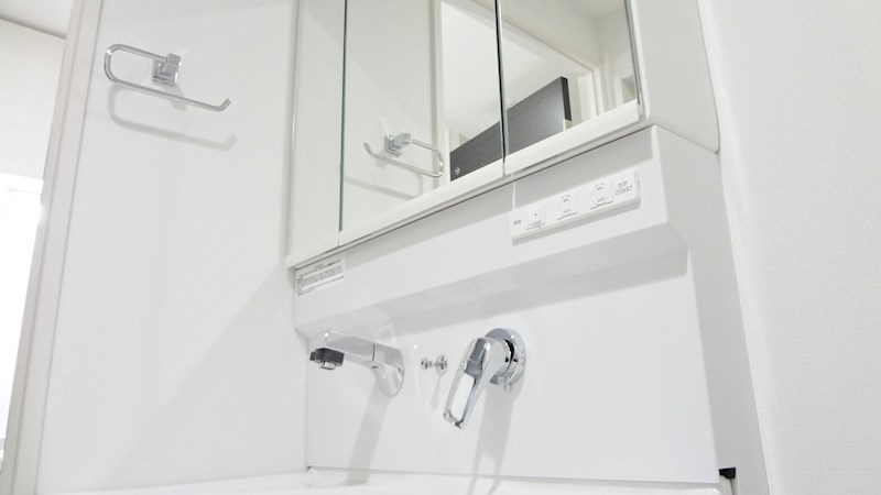 三面鏡シャワー付シャンプードレッサーで収納スペースがあります。