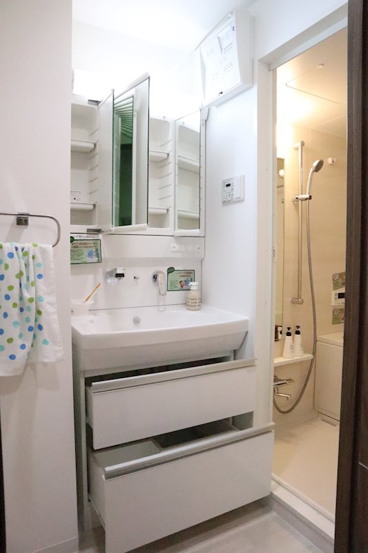 ３面鏡付き独立洗面台。たくさんの収納スペースは忙しい朝の支度の頼もしい味方。