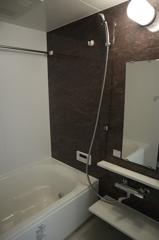 手洗い場と鏡のついた高級感のある浴室