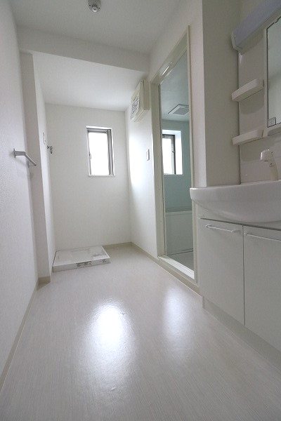 シャワー付洗面化粧台と室内洗濯機置場のある洗面所